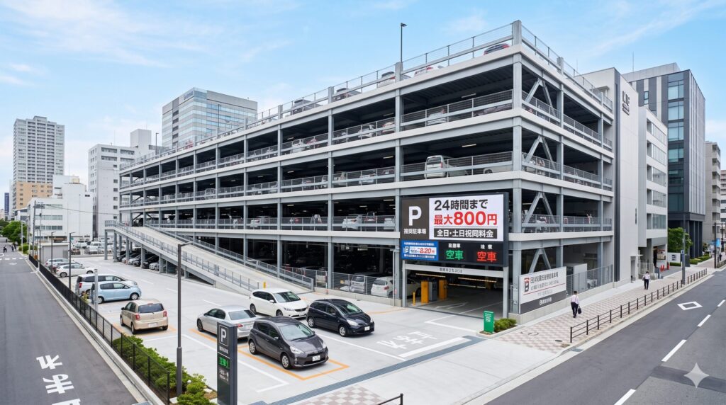 名古屋にある大規模な自走式立体駐車場の外観を捉え、多くの車両を収容できる安心感を伝える16:9のワイド画像