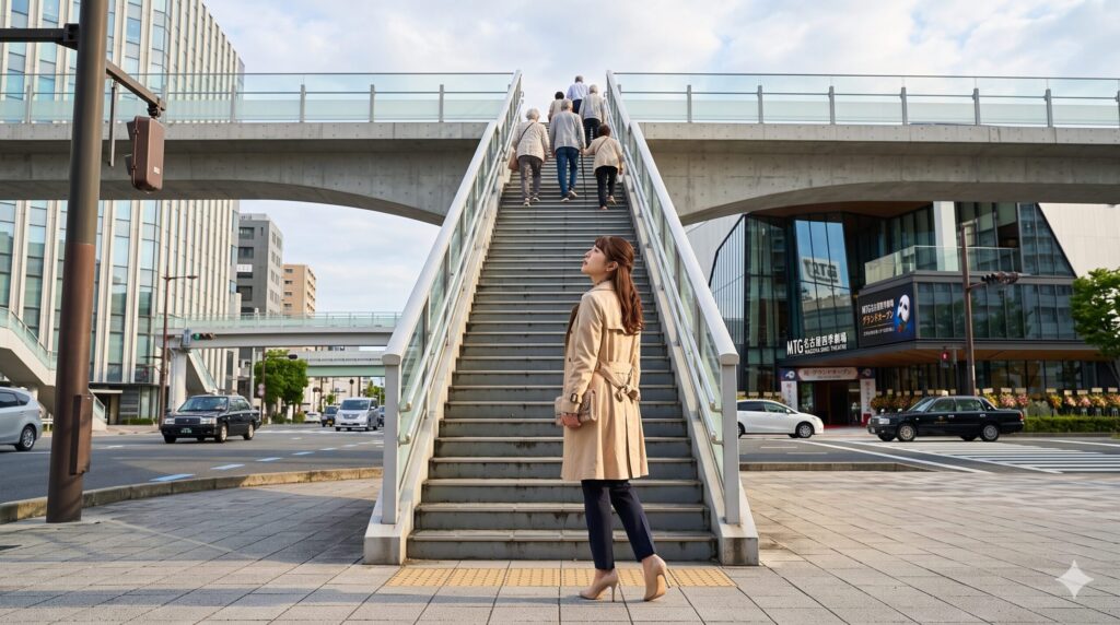ヒールを履いたアジア人の女性が、名古屋のコンクリート製陸橋の階段を見上げ、車でのアクセスの必要性を感じさせる16:9のワイド画像。