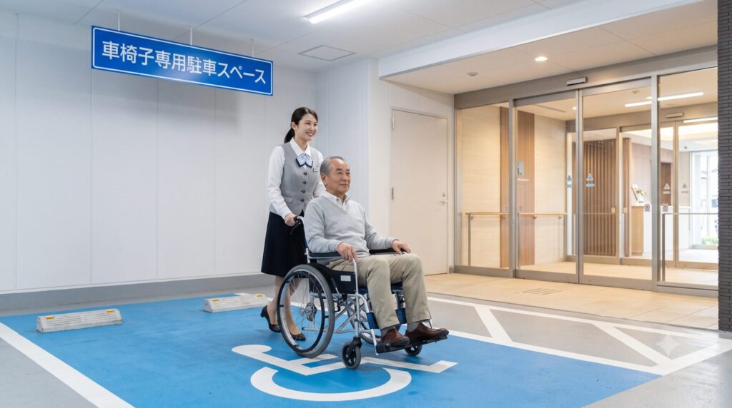 ザ・ランドマーク名古屋栄の地下駐車場にある、車椅子専用駐車スペースと、建物内へスムーズにアクセスするアジア人高齢者と介助者。