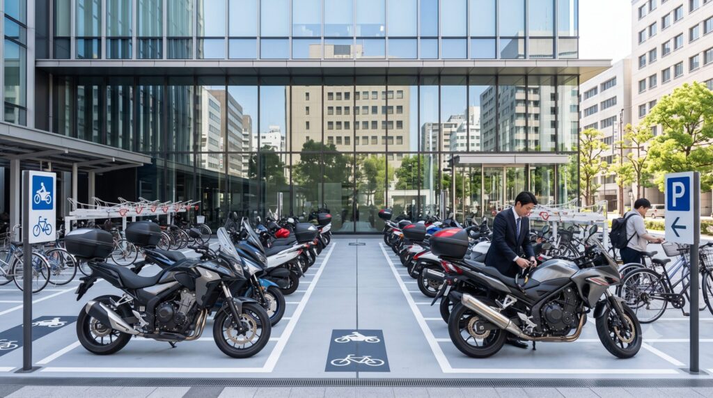 淀屋橋ゲートタワーの1階敷地内に設けられた、広く整理されたバイク専用駐輪場(自動二輪車用スペース)。多数の中型・大型バイクが整然と停められており、大阪市内では貴重な、バイク利用者にとっての利便性の高さをアピールする。