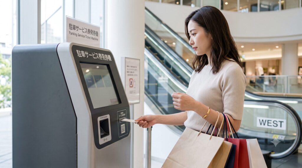 HAERA館内の駐車サービス券発券機で、お買い物レシートのQRコードを読み込ませるアジア人女性。