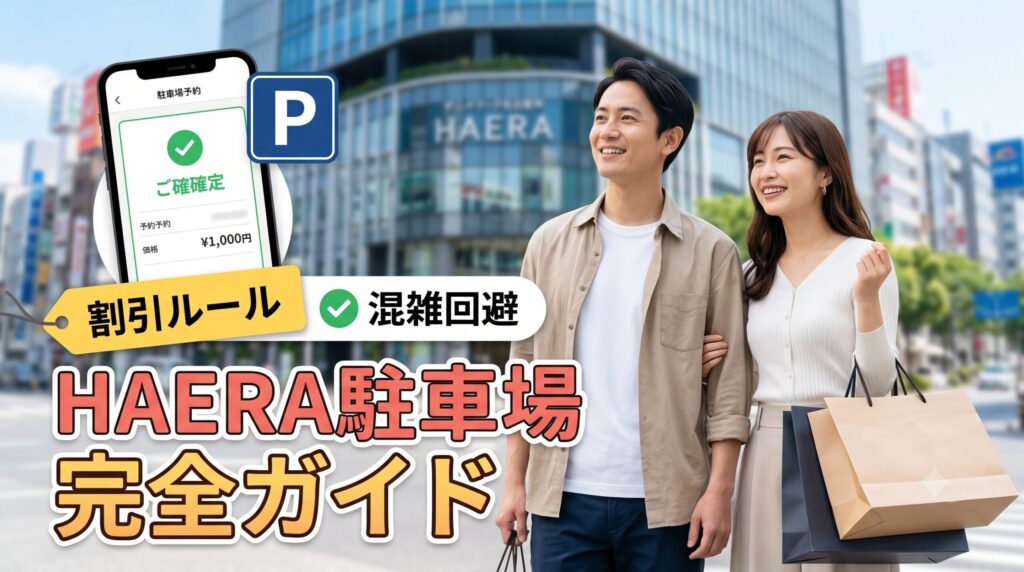 HAERAの駐車場ガイド。名古屋・栄の街並みと、お買い物バッグを持つアジア人カップル、そしてスマートフォンの予約画面を組み合わせた高品質なビジュアル。割引や混雑回避をイメージ。