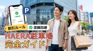 HAERAの駐車場ガイド。名古屋・栄の街並みと、お買い物バッグを持つアジア人カップル、そしてスマートフォンの予約画面を組み合わせた高品質なビジュアル。割引や混雑回避をイメージ。