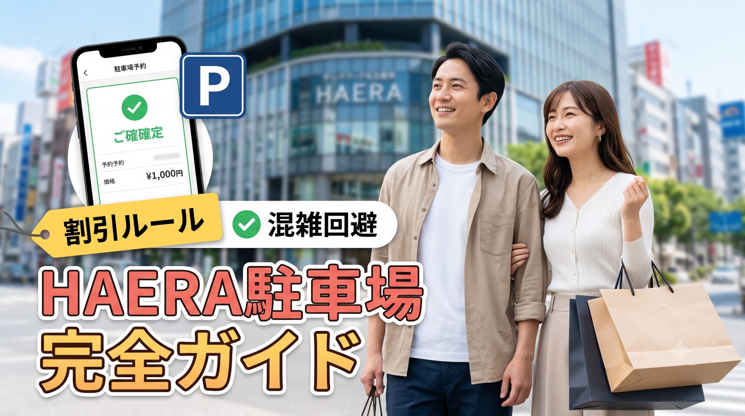 HAERAの駐車場ガイド。名古屋・栄の街並みと、お買い物バッグを持つアジア人カップル、そしてスマートフォンの予約画面を組み合わせた高品質なビジュアル。割引や混雑回避をイメージ。