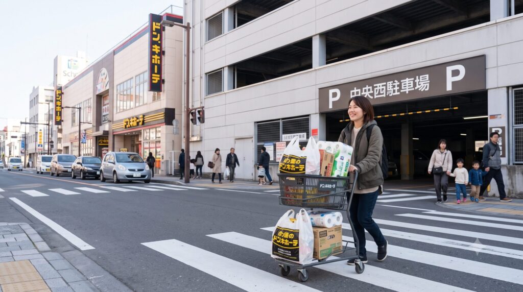 松本シェーナのドン・キホーテで大量買いをした日本人女性が、目の前にある駐車場(アイパーク伊勢町)へ向かう様子。買い物カゴいっぱいの荷物を押しながら、笑顔で横断歩道を渡っており、施設と駐車場の距離の近さが生む利便性を強調している。