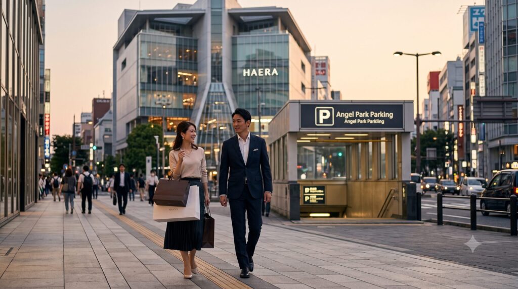 名古屋・栄の街並み。HAERAから松坂屋名古屋店方面へ向かう、高級ブランドの紙袋を持ったアジア人カップル。エンゼルパーク駐車場などが近いエリア。