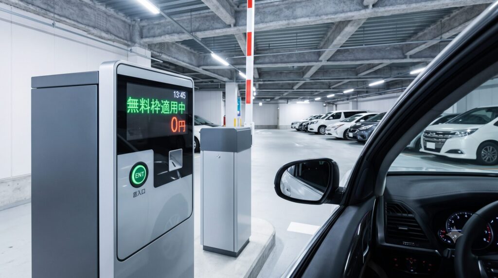 日本の駐車場内に設置された自動精算機のLED画面に「無料枠適用中」と表示されている、ドライバー視点に近いクローズアップ写真。30分以内の短時間利用で料金がかからない仕組みを視覚化し、利用者の安心感を高める。