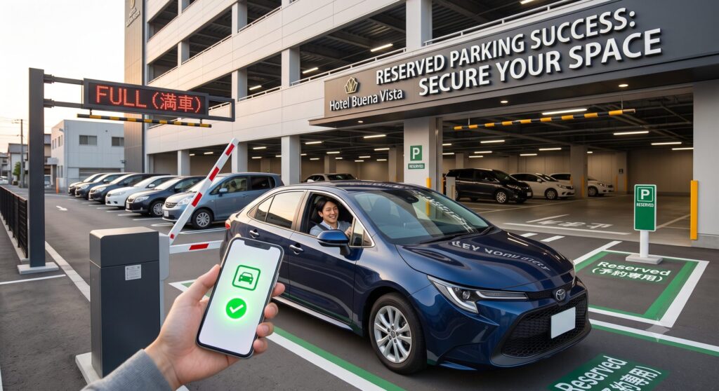 日本人男性が駐車場(ホテルブエナビスタ立体駐車場などをイメージ)の入り口で、スマホ画面(テキストなし、予約完了のマーク)を見せながらゲートを通過し、確保された駐車スペースにスムーズに車を停める様子。満車の心配がなく、ストレスフリーで利用できるメリットを表現している。