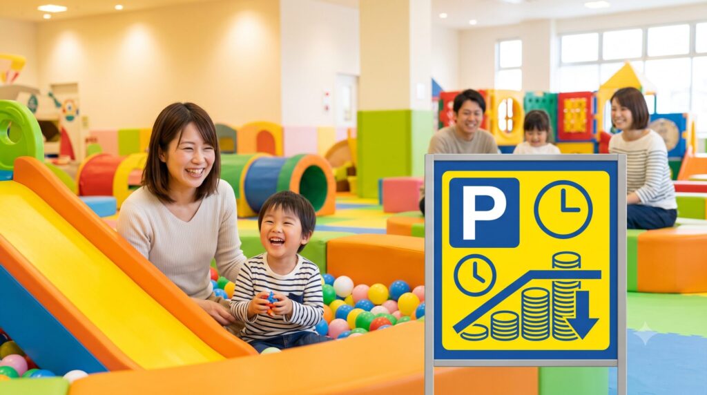松本シェーナ内の室内遊園地(The Kidsをイメージ)で楽しそうに遊ぶ日本人親子。その横に、民間コインパーキングの看板(最大料金設定があることが伝わるようなアイコン)を配置し、長時間滞在でも料金が一定以上にならない安心感を表現している。