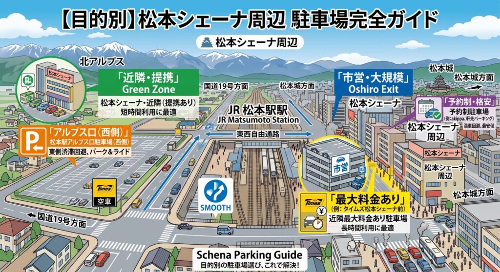 松本シェーナの建物と、その周辺に点在する様々な種類の駐車場（近隣、市営、最大料金、予約制、アルプス口）を象徴するアイコン（車、料金、カレンダーなど、テキストなし）を組み合わせた、明るく目を引くアイキャッチ画像。記事の内容が「目的別の駐車場選び」であることがひと目で伝わる。