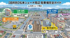 松本シェーナの建物と、その周辺に点在する様々な種類の駐車場（近隣、市営、最大料金、予約制、アルプス口）を象徴するアイコン（車、料金、カレンダーなど、テキストなし）を組み合わせた、明るく目を引くアイキャッチ画像。記事の内容が「目的別の駐車場選び」であることがひと目で伝わる。