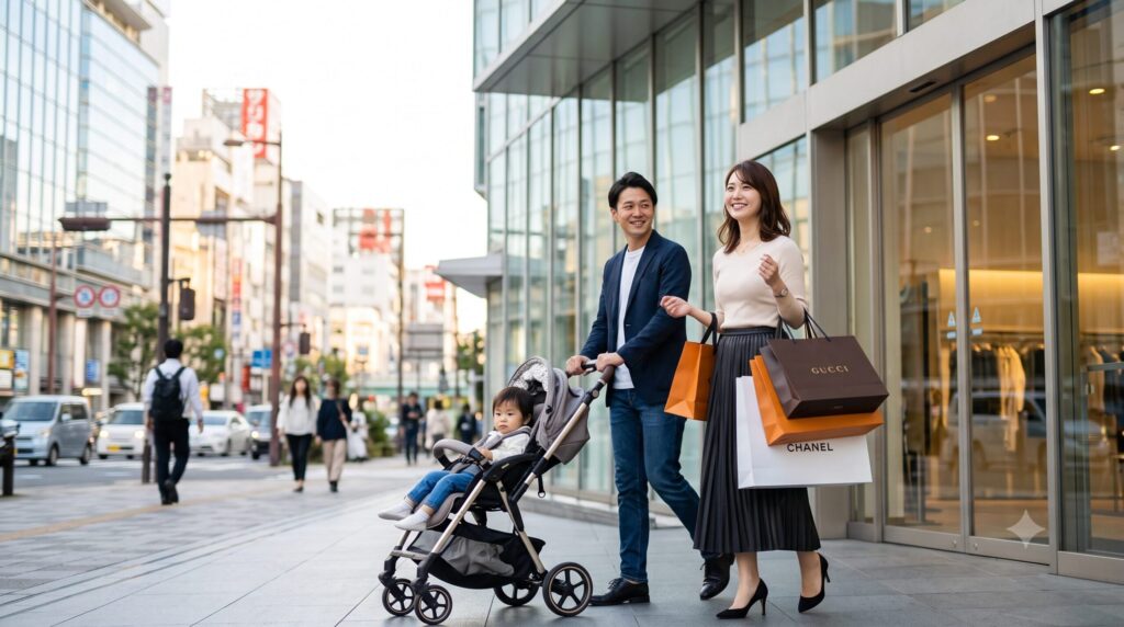 名古屋・栄の街並みと、荷物を持ってHAERAに向かうアジア人の家族連れ。周辺の契約駐車場を利用するイメージ。