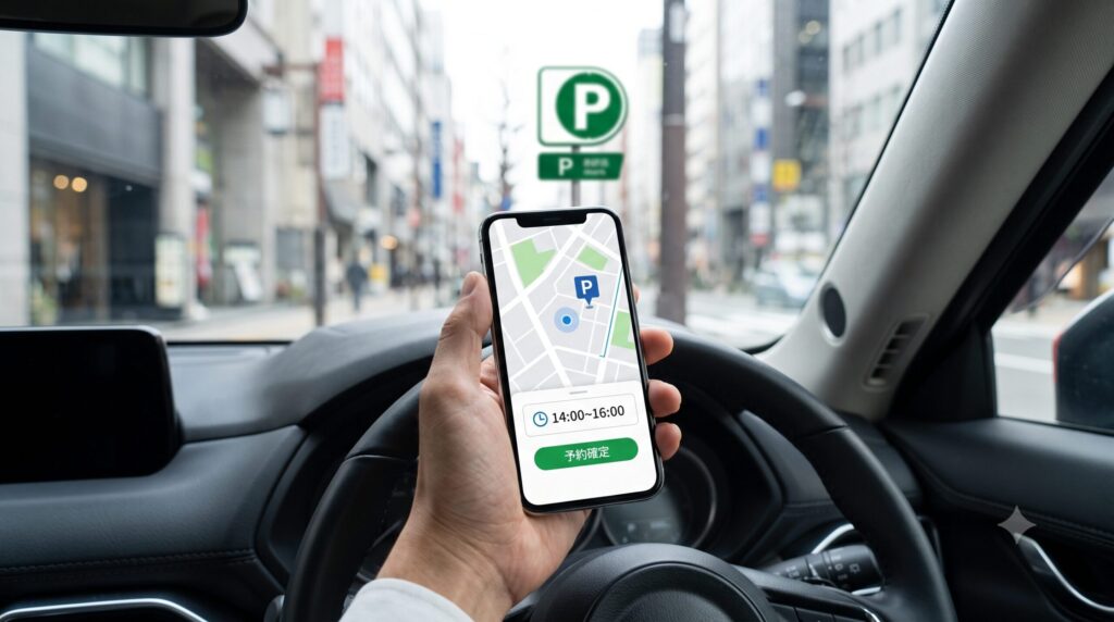 駐車中の日本のミニバン車内で、日本人ドライバーがスマートフォンを操作しているクローズアップ。スマホ画面には駐車場予約アプリの generic なUIが表示され、「予約確定」の文字が確認できる。出発前に場所とサイズ制限をクリアする安心感を表現。