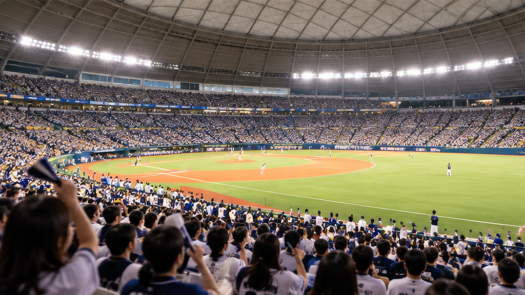 ベルーナドームでの野球観戦をイメージした、満員の観客席とドーム球場の風景