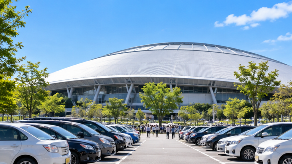 ベルーナドームの公式駐車場をイメージした、ドーム球場前に多くの車が並ぶ風景