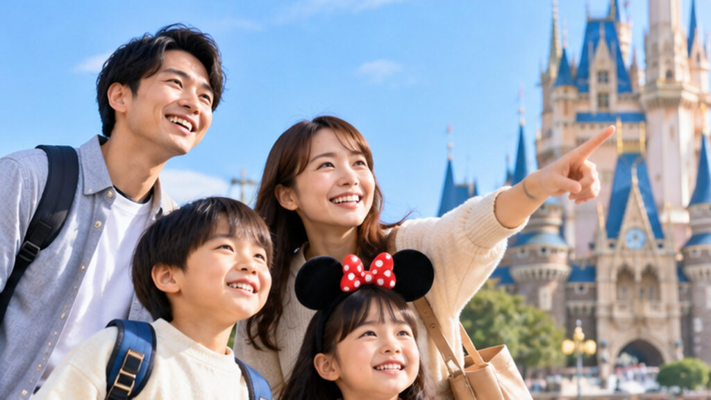 ディズニーへの家族旅行をイメージした、テーマパークのお城を背景に笑顔を見せる日本人家族