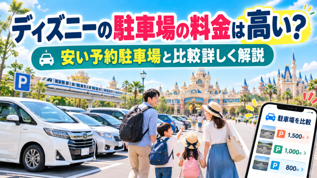 ディズニーの駐車場料金を比較するイメージ。テーマパークの駐車場と日本人家族、周辺の安い予約駐車場を探せるスマートフォンを紹介。