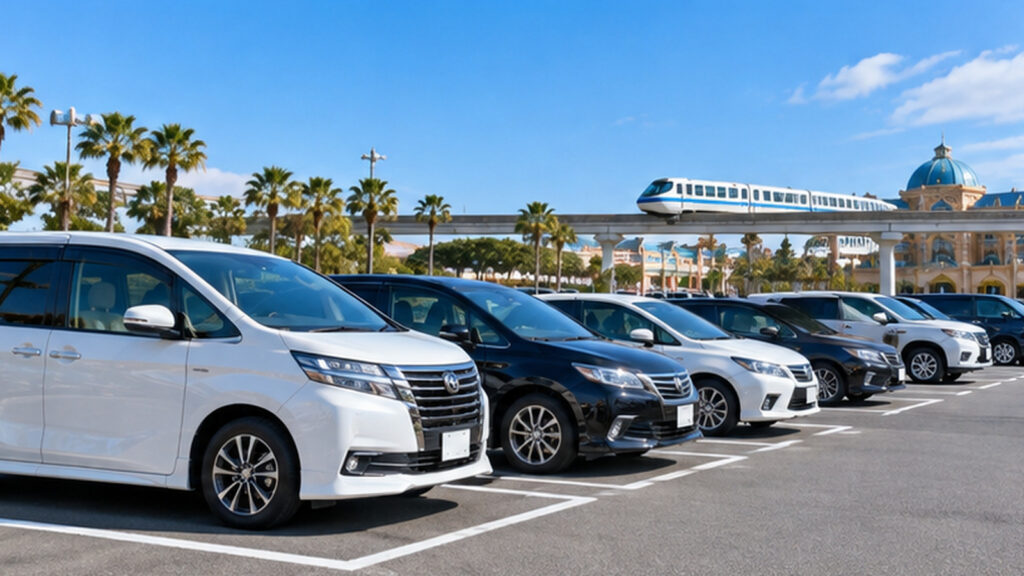 ディズニー周辺の駐車場をイメージした、モノレール沿いに乗用車が並ぶ屋外駐車場