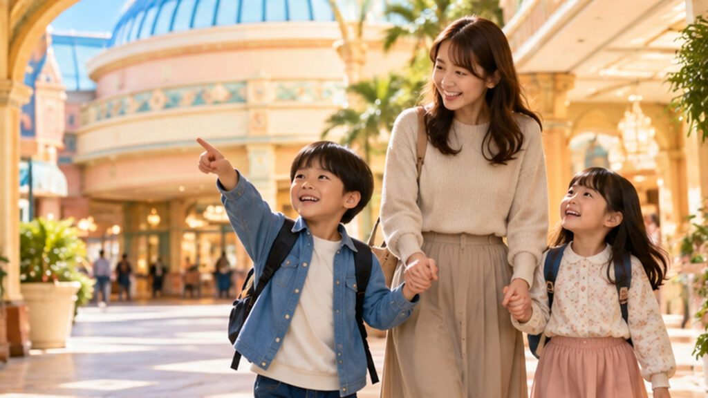 イクスピアリ周辺の商業施設をイメージした、日本人の親子が買い物を楽しむ様子