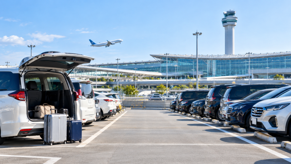 羽田空港の公式駐車場に並ぶ車と旅行用スーツケースを積み込んだミニバン