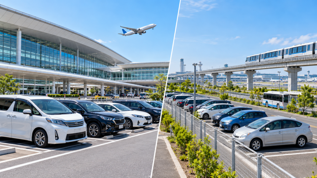 羽田空港のターミナル直結駐車場とモノレール沿線の周辺駐車場を比較したイメージ