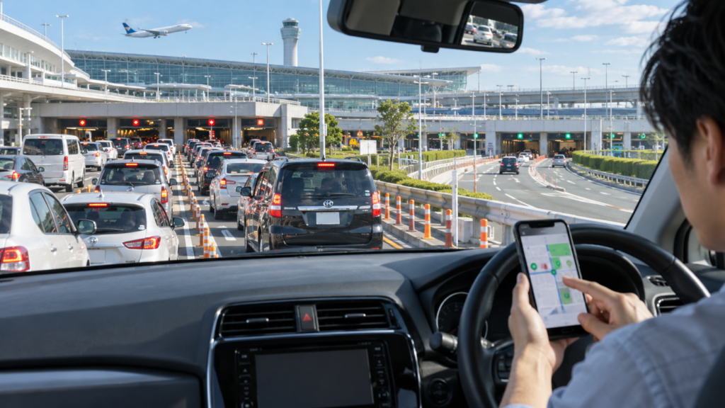 羽田空港の駐車場入口に並ぶ車の渋滞とスマートフォンで空き状況を確認する運転者