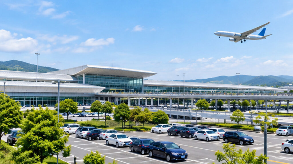 空港ターミナルと飛行機、複数の車が停まる屋外駐車場の全景