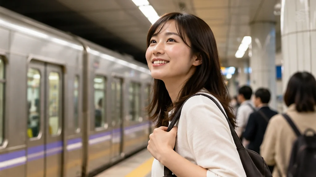IGアリーナへのパークアンドライドを紹介する、地下鉄ホームで電車を待つ日本人女性