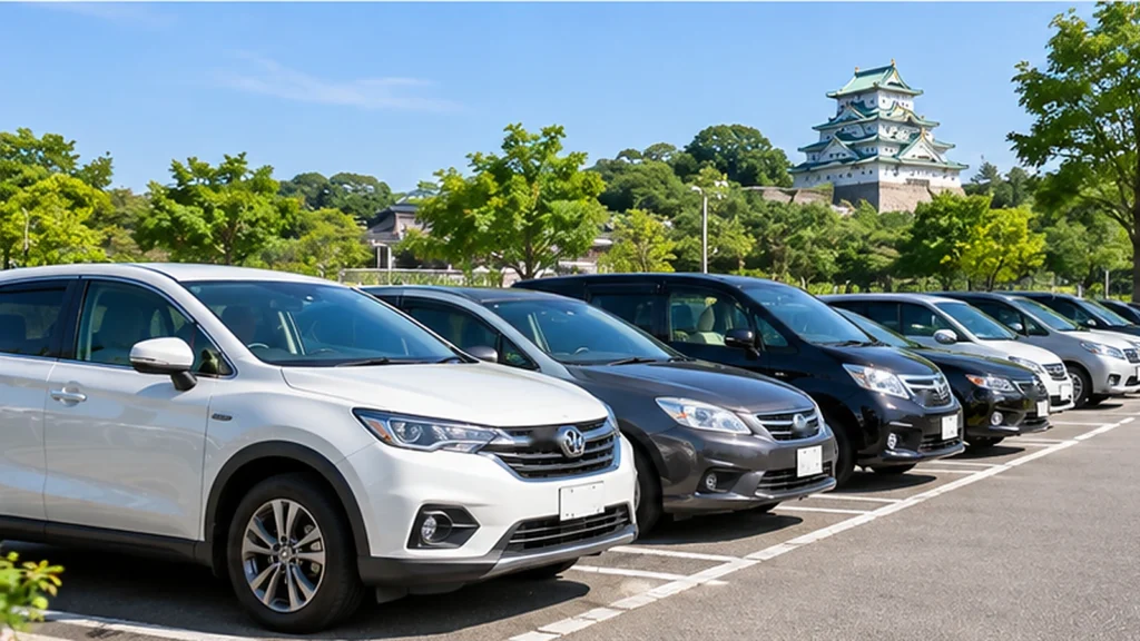 IGアリーナ周辺の駐車料金比較を紹介する、名古屋城を背景に車が並ぶ駐車場のイメージ