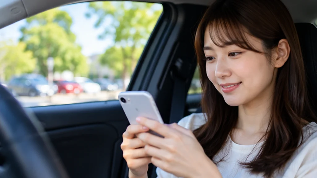 IGアリーナ周辺の予約駐車場をスマートフォンで探す場面を表した車内の女性のイメージ