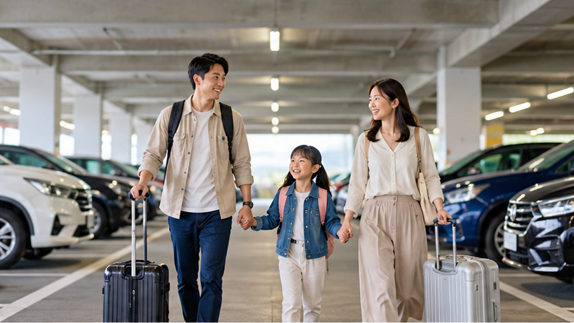空港の立体駐車場でスーツケースを引きながら歩く日本人家族。子ども連れでの空港アクセスをイメージした様子。