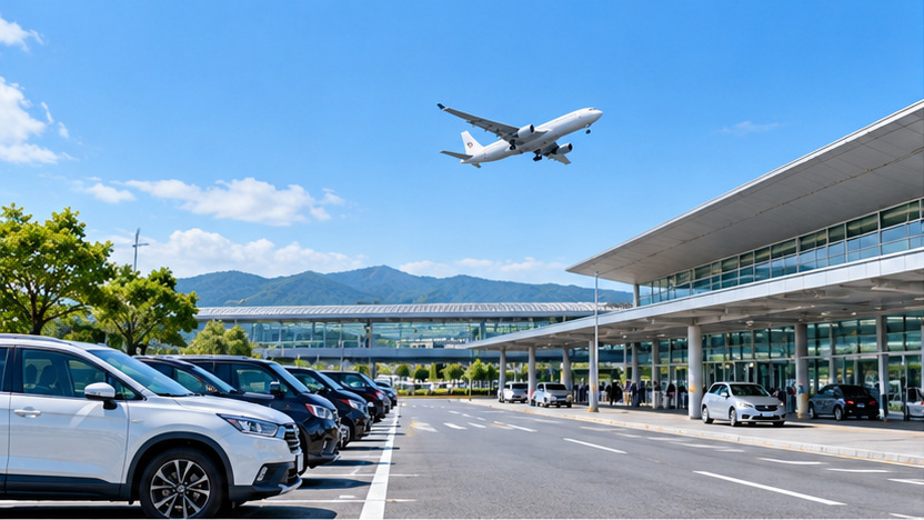 熊本空港の公式駐車場をイメージした画像。空港ターミナル前に並ぶ車と上空を飛ぶ旅客機。