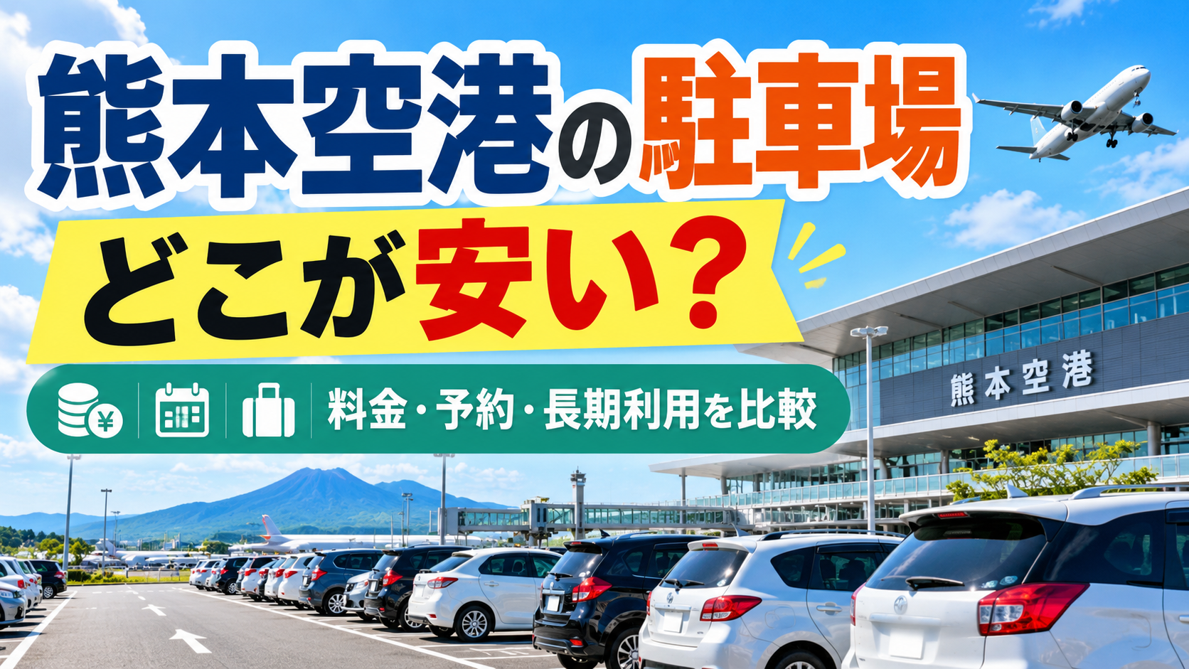 熊本空港の駐車場料金・予約方法・長期利用を比較したガイドのアイキャッチ画像。空港ターミナルと飛行機、駐車場に並ぶ車を背景に、安い駐車場の選び方を紹介。