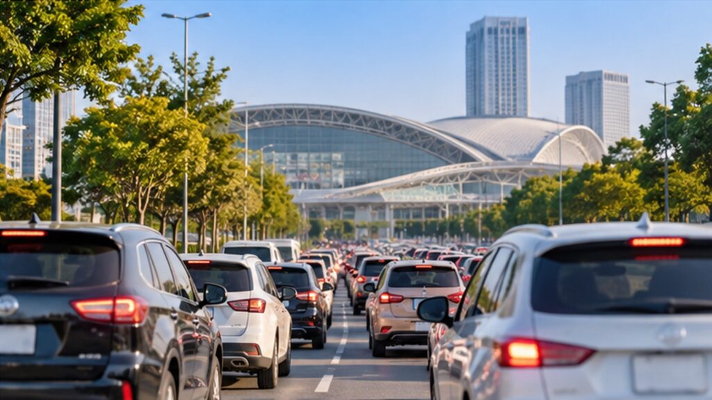 幕張メッセのイベント開催日に周辺道路で車の渋滞が発生しているイメージ