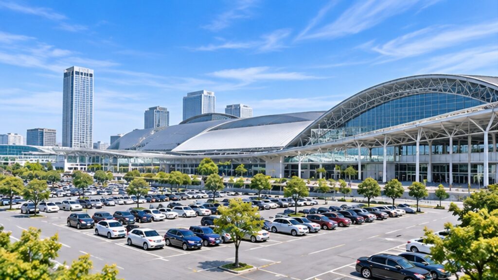幕張メッセをイメージした大型イベント会場と広い屋外駐車場の全景