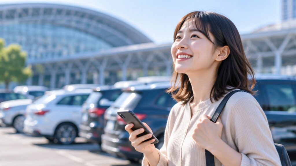 幕張メッセ周辺の駐車場でスマートフォンを使い、予約先を探す日本人女性