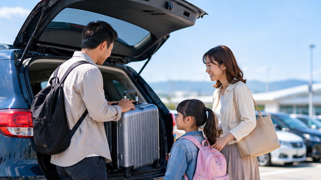 松山空港周辺の駐車場を利用する家族が車からスーツケースを降ろして出発準備をするイメージ