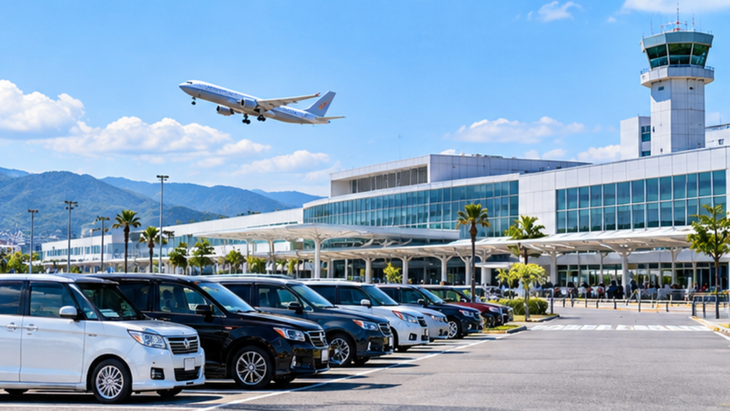 松山空港の公式駐車場を比較するイメージ画像。空港ターミナルと飛行機、駐車中の車が並ぶ様子