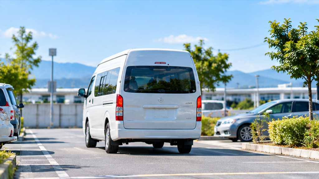 松山空港周辺の安い民間駐車場と空港送迎サービスをイメージした白いワゴン車