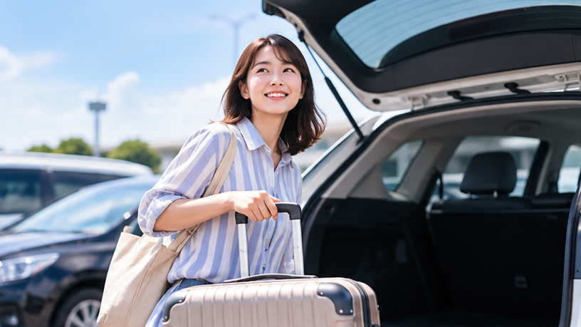 長崎空港での長期駐車をイメージした、車の後部ハッチを開けてスーツケースを準備する日本人女性