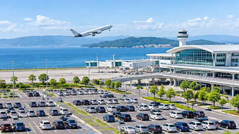 長崎空港の公式駐車場をイメージした、海沿いの空港ターミナルと多数の車が並ぶ駐車場