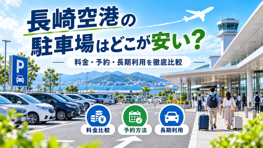 長崎空港の駐車場料金・予約方法・長期利用を比較するガイド画像。空港ターミナルと駐車場、旅行者の様子