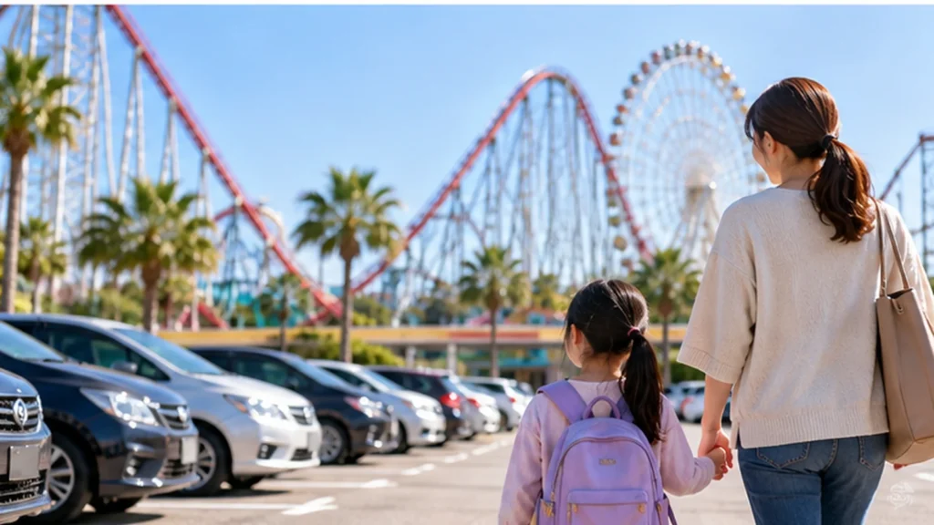 ナガシマスパーランドの遊具が見える駐車場で、手をつないで歩く日本人の母親と女の子