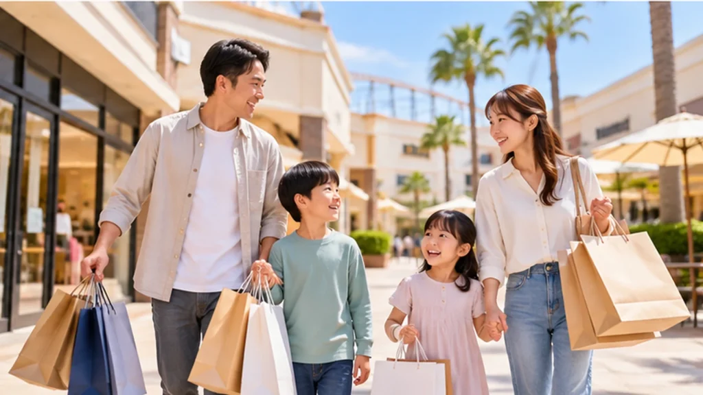 ジャズドリーム長島での買い物をイメージした、ショッピングバッグを持って歩く日本人家族