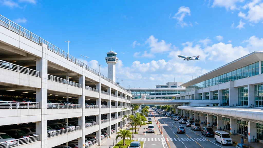 那覇空港をイメージした立体駐車場と旅客ターミナル、上空を飛ぶ旅客機