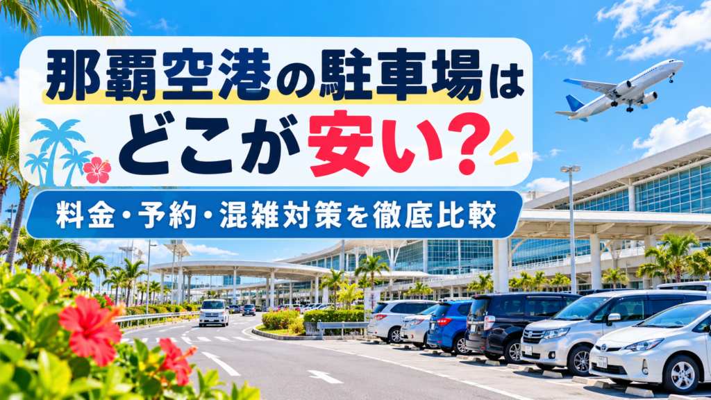 那覇空港の駐車場と旅客ターミナルを背景に、料金・予約・混雑対策を比較する記事のアイキャッチ画像