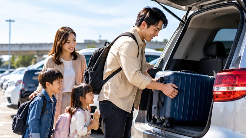 成田空港の駐車場選びをイメージした家族旅行の荷物を車に積み込む様子