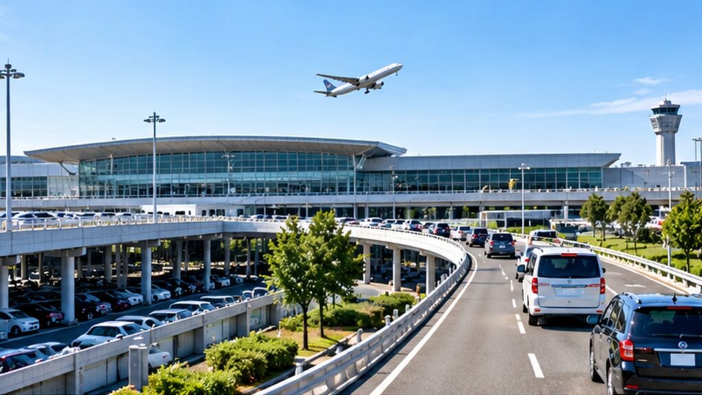 成田空港のターミナル周辺にある公式駐車場とアクセス道路の様子