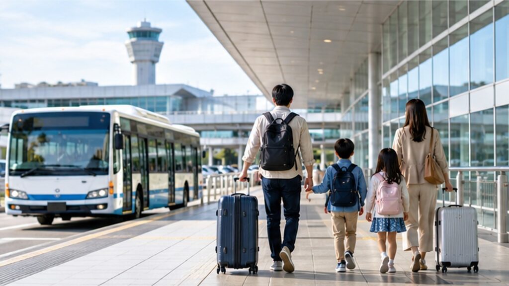 成田空港の周辺駐車場からの移動をイメージした送迎バスとスーツケースを持つ家族