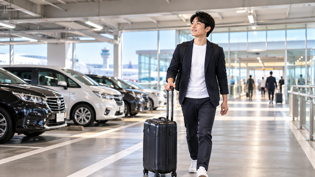 新千歳空港のA・B駐車場をイメージした、スーツケースを持って屋内駐車場を歩く日本人男性。